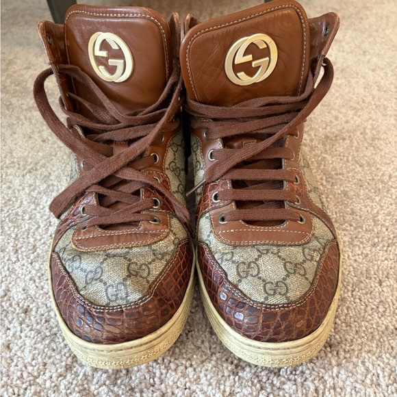 Gucci Leather and Canvas High-Top Sneakers - Picture 1 of 13